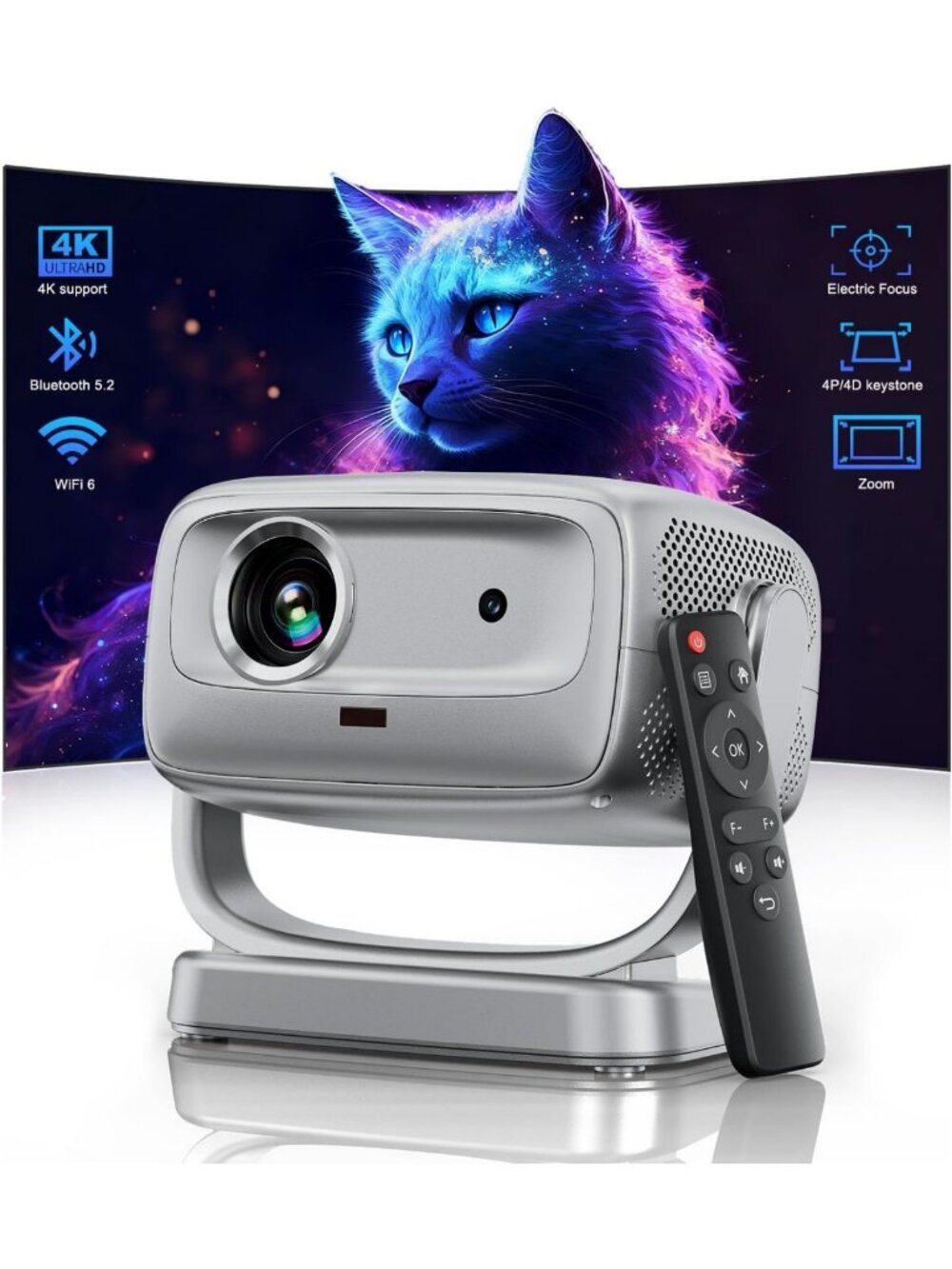 Portable 4K Smart Projector - Native 1080P, Auto Focus, WiFi & Bluetooth